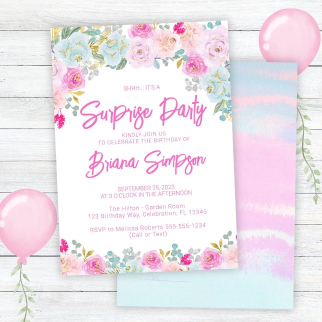Pink Blue Peach Purple Floral Surprise Party Invitation (Creator Uploaded)