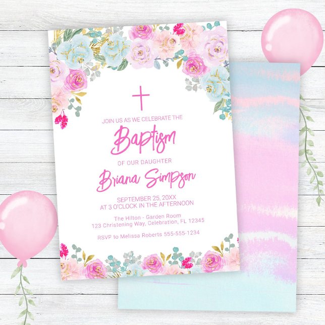 Pink Blue Peach Purple Flowers Floral Baptism Invitation (Creator Uploaded)