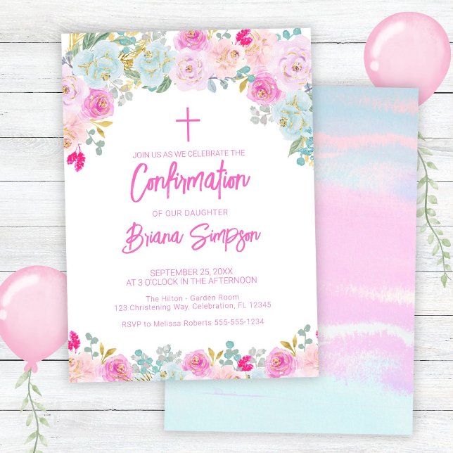 Pink Blue Peach Purple Flowers Floral Confirmation Invitation (Creator Uploaded)