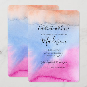 Pink Blue Peach Tie dye Birthday Invitation