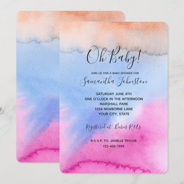 Pink Blue Peach Tie dye Invitation (Front/Back)