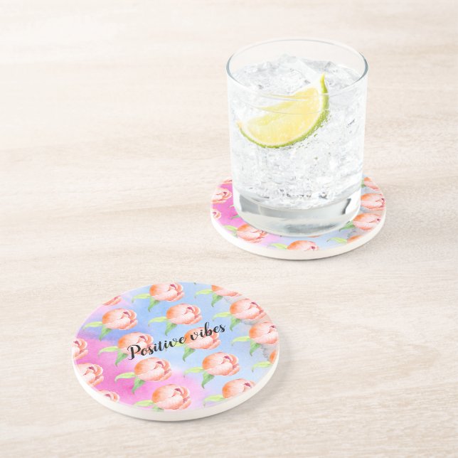 Pink Blue Peach Tie dye Peonies Coaster (Side)