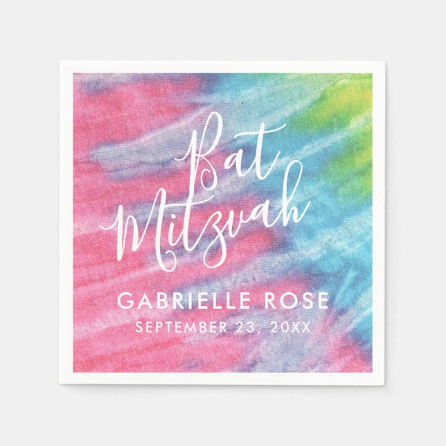 Pink Blue Personalised Tie Dye Bat Mitzvah Napkin (Front)