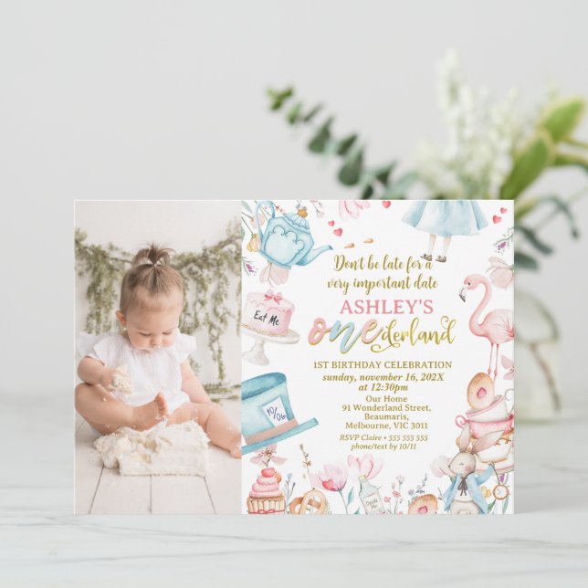 Pink Blue Photo Alice Onederland 1st Birthday Invitation (Standing Front)
