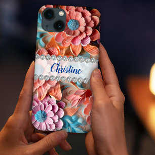 Pink, blue, pink & salmon, diamond frame custom iPhone 13 case