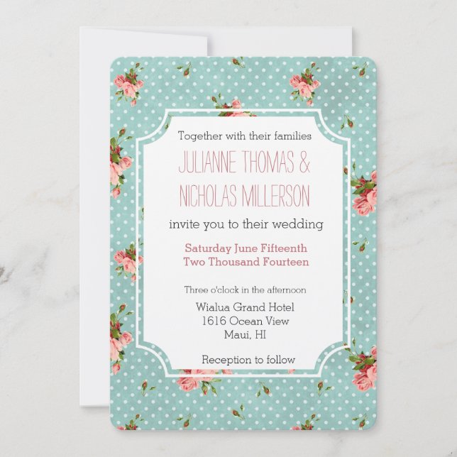 Pink Blue Polka Dots Floral Wedding Invitation (Front)