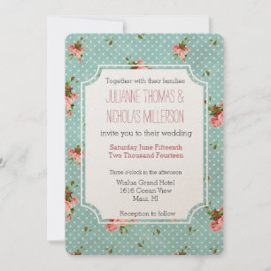 Pink Blue Polka Dots Floral Wedding Invitation