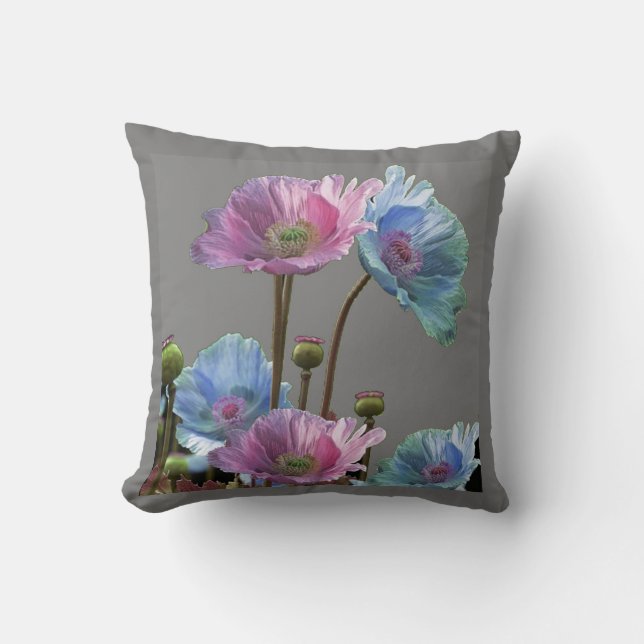 PINK & BLUE POPPY FLOWERS ON GREY ART CUSHION (Front)