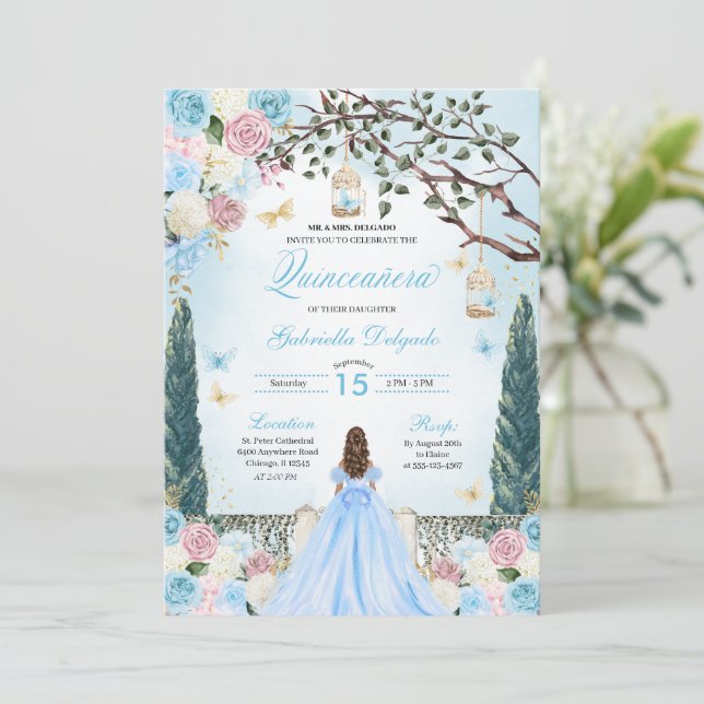 Pink & Blue Princess Enchanted Garden Quinceanera Invitation (Standing Front)