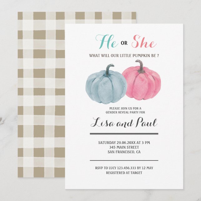 Pink Blue Pumpkins He or She Gender Reveal Invitation (Front/Back)