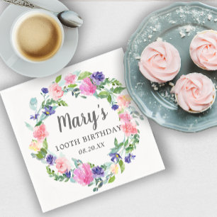 Pink Blue Purple Floral 100th Birthday Napkin