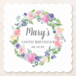 Pink Blue Purple Floral 100th Birthday Paper Coaster<br><div class="desc">Very pretty coaster for a 100th birthday party. A floral wreath features pink, purple and blue flowers nestled in green leaves. The woman's name is written in a script font. 100th Birthday and date follow.This 100th Birthday napkin is part of the 100th Birthday Festive Floral collection. You'll find many templates...</div>