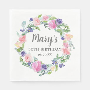 Pink Blue Purple Floral 50th Birthday Napkin