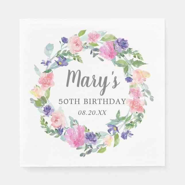 Pink Blue Purple Floral 50th Birthday Napkin (Front)