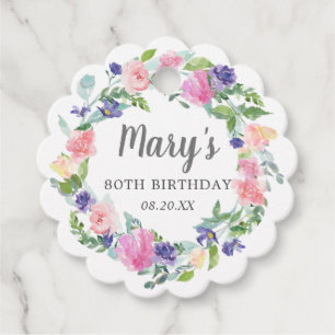 Pink Blue Purple Floral 80th Birthday Favour Tags