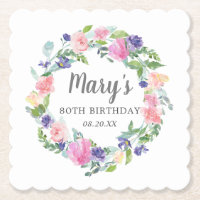 Pink Blue Purple Floral 80th Birthday