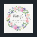 Pink Blue Purple Floral 90th Birthday Napkin<br><div class="desc">Very pretty napkin for a 90th birthday party. A floral wreath features pink, purple and blue flowers nestled in green leaves. The woman's name is written in a script font. 90th Birthday and date follow.This 90th Birthday napkin is part of the 90th Birthday Festive Floral collection. You'll find many templates...</div>