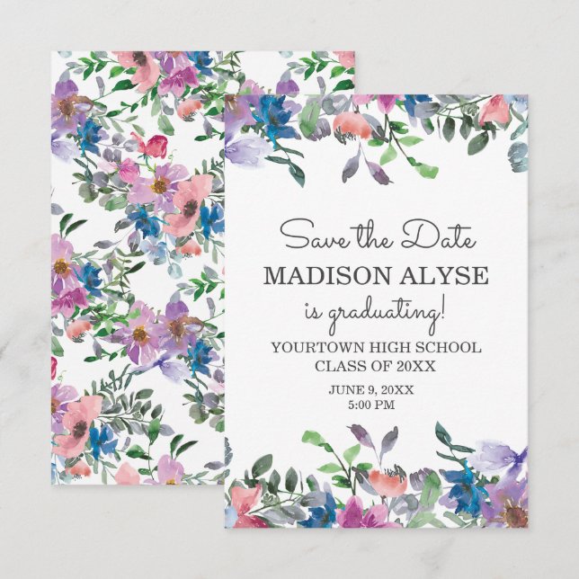 Pink Blue Purple Floral Graduation Save Date Invitation (Front/Back)
