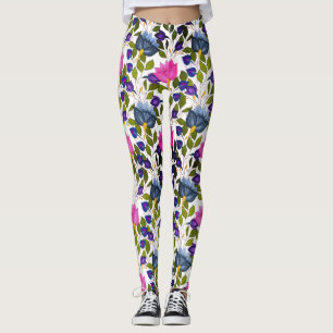 Pink Blue Purple Green Flowers And Swirl White Leggings