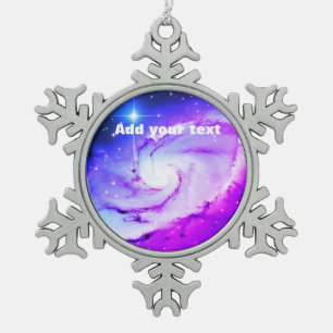 Pink blue purple Nebula galaxy add your text name Snowflake Pewter Christmas Ornament