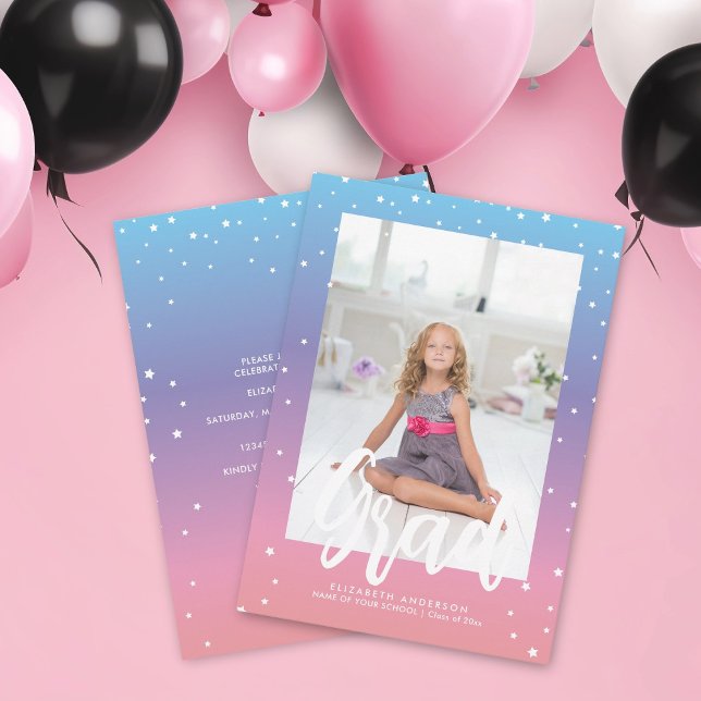 Pink Blue Purple Rainbow Gradient Graduation Photo Announcement (Creator Uploaded)