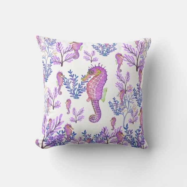 Pink Blue Purple Seahorse Coral Beachy Coastal  Cushion (Front)