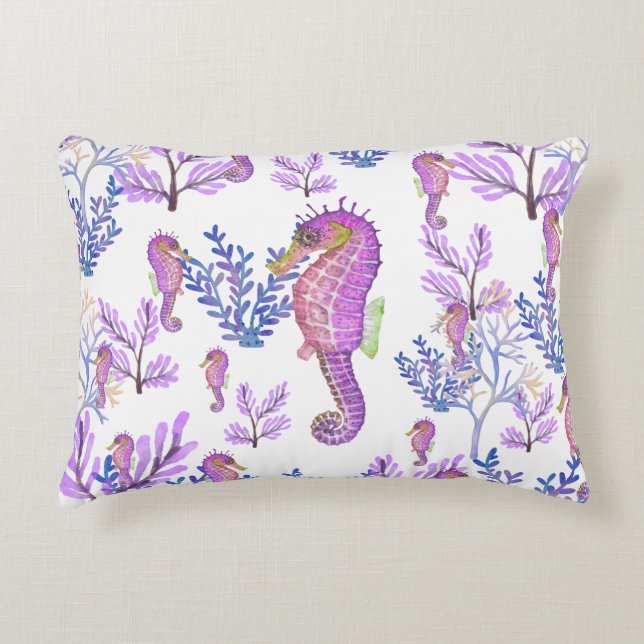 Pink Blue Purple Seahorse Coral Beachy Coastal  Decorative Cushion (Front)