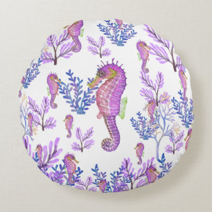 Pink Blue Purple Seahorse Coral Beachy Coastal  Round Cushion