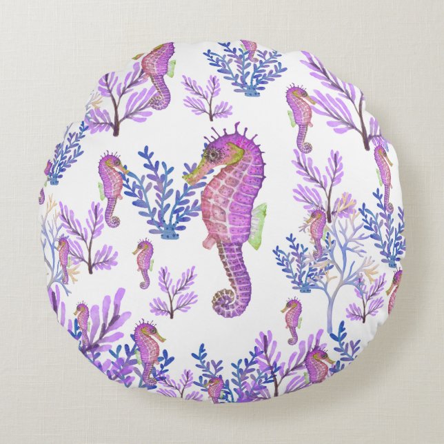 Pink Blue Purple Seahorse Coral Beachy Coastal  Round Cushion (Front)