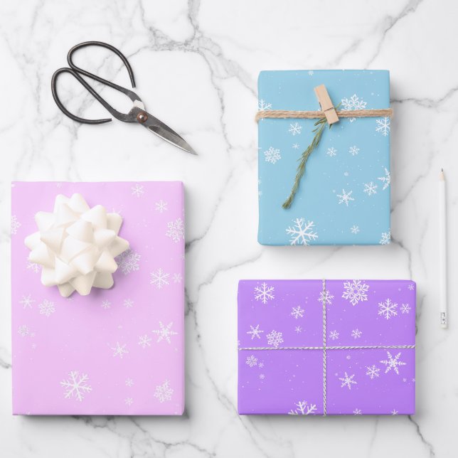 Pink Blue Purple Snowflakes Christmas Holidays Wrapping Paper Sheet (Front)