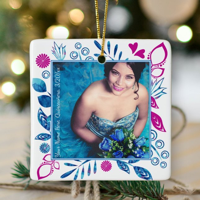 Pink, Blue Quinceanera Christmas Photo Ornament (blue pink quinceanera photo ornament blue mis quince keepsake gift flowers hearts royal blue pink)
