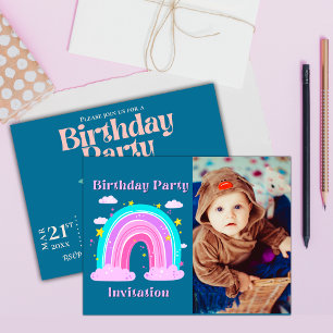 Pink Blue Rainbow Photo Birthday Party Invitation Postcard