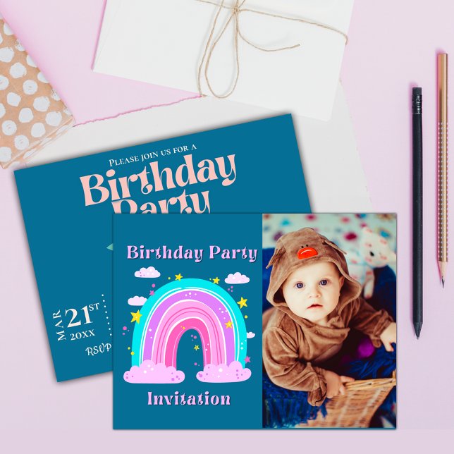 Pink Blue Rainbow Photo Birthday Party Invitation Postcard (Unicorn Rainbow Photo Birthday Party Invitation Postcard)