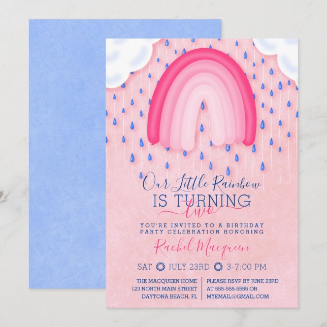 Pink Blue Rainbow Raindrop Clouds Balloon Birthday Invitation (Front/Back)