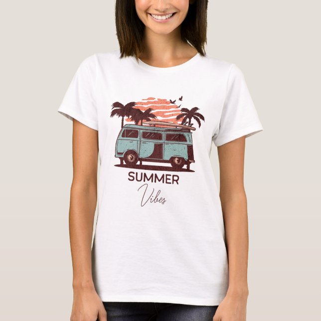 Pink & Blue Retro Sunset Summer Vibes Typography T-Shirt (Front)