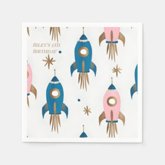 Pink Blue Rocket Birthday Paper Tab Napkin