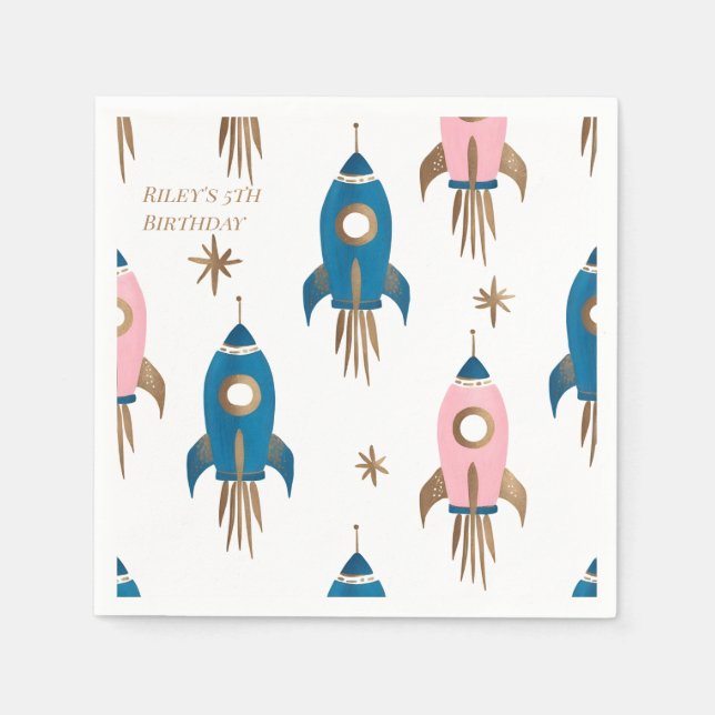 Pink Blue Rocket Birthday Paper Tab Napkin (Front)