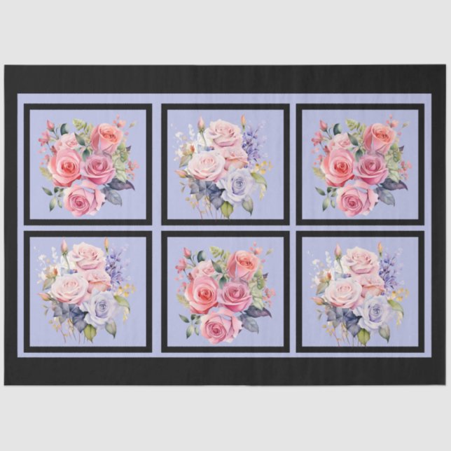 Pink & Blue Rose Bouquets Tiled Decoupage Tissue Paper (Front)