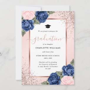 Pink Blue Rose Gold Floral Graduation Announcement