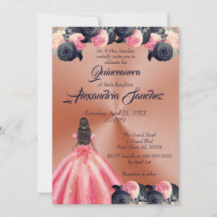 Pink & Blue Rose Gold Floral Quinceanera Invitation