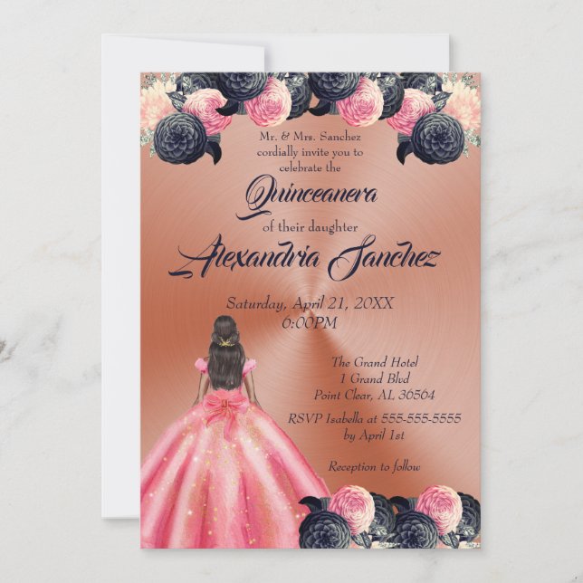 Pink & Blue Rose Gold Floral Quinceanera Invitation (Front)