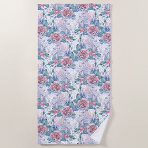 Pink & Blue Rose Pattern Beach Towel