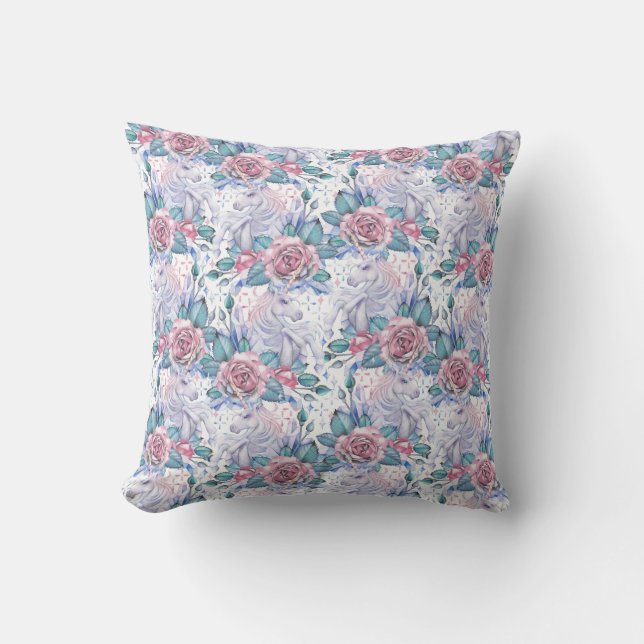 Pink & Blue Rose Pattern Cushion (Front)