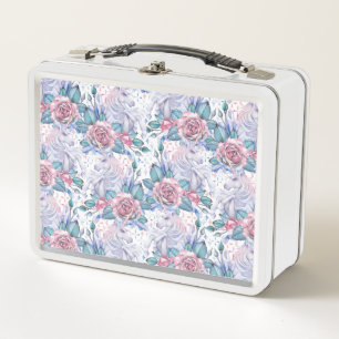 Pink & Blue Rose Pattern Metal Lunch Box
