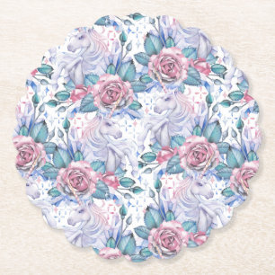 Pink & Blue Rose Pattern Paper Coaster