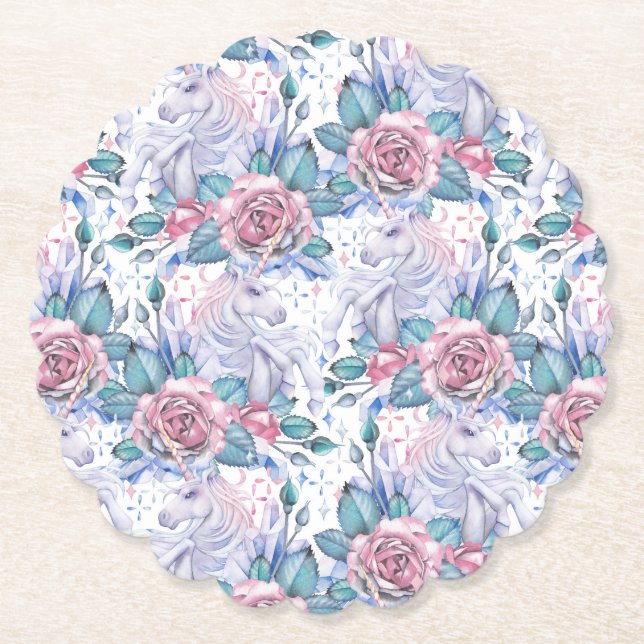 Pink & Blue Rose Pattern Paper Coaster (Front)