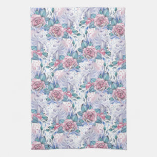 Pink & Blue Rose Pattern Tea Towel