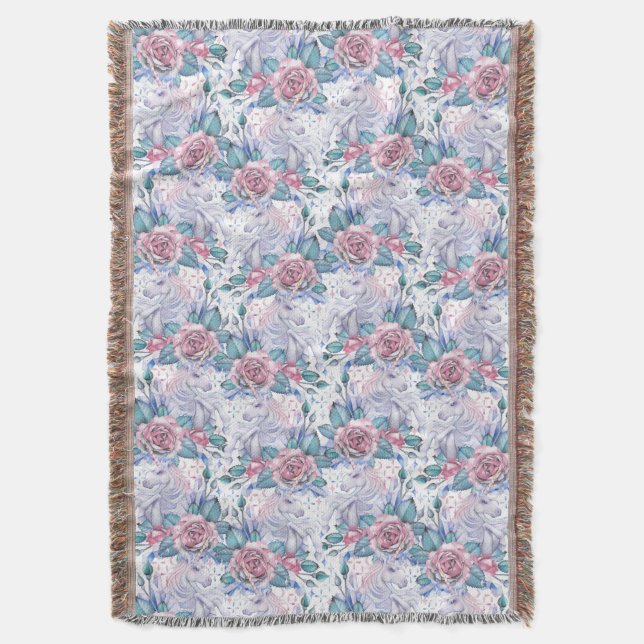 Pink & Blue Rose Pattern Throw Blanket (Front Vertical)