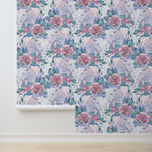 Pink & Blue Rose Pattern Wallpaper