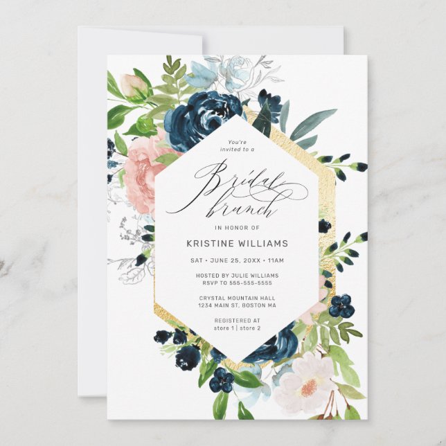 Pink Blue Rose Watercolor Floral Bridal Brunch Invitation (Front)
